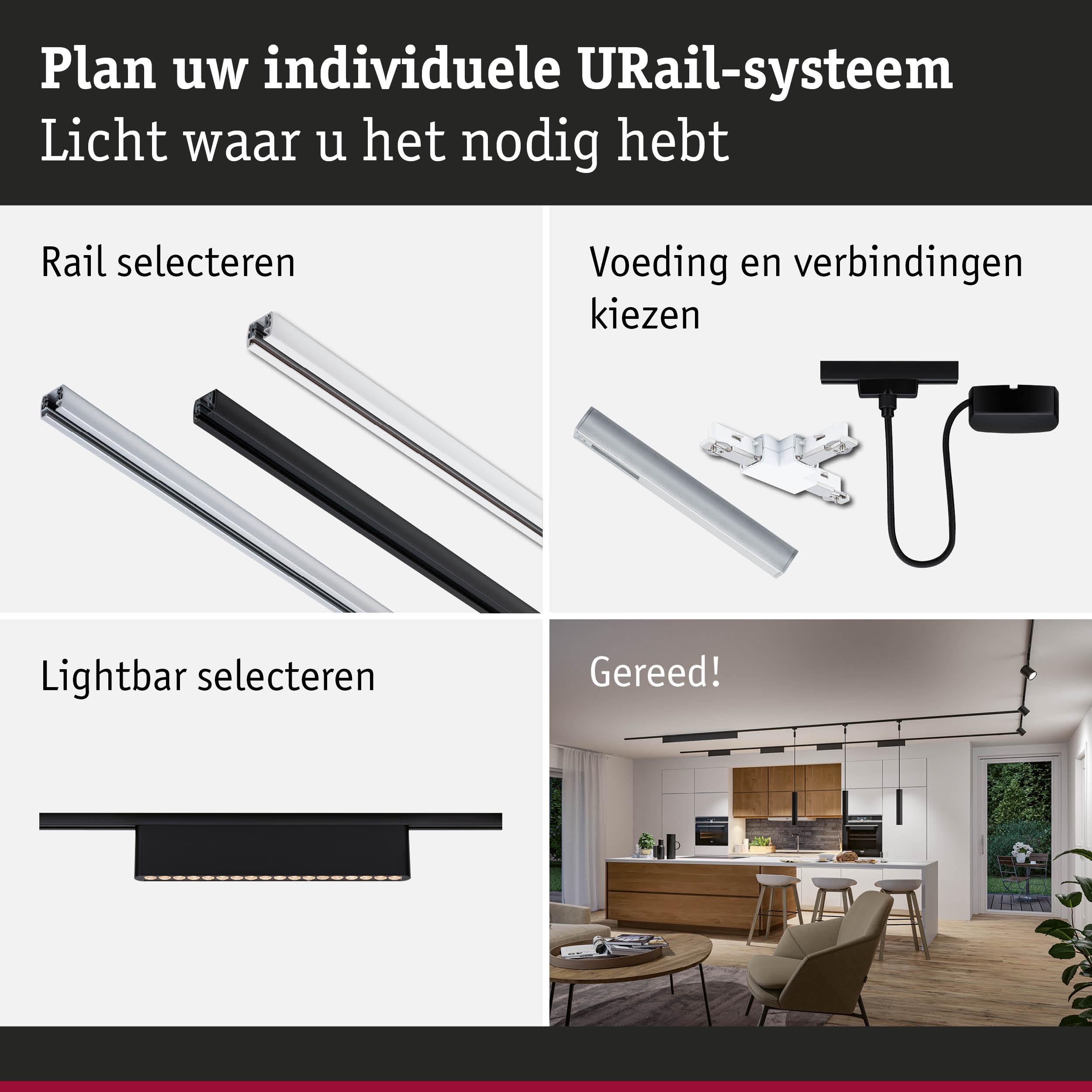 Modulair URail-systeem met zwarte en witte rails, verbindingsstukken en zwarte lightbar voor flexibele LED-verlichting