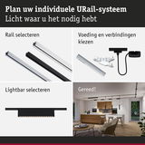 Modulair URail-systeem met zwarte en witte rails, verbindingsstukken en zwarte lightbar voor flexibele LED-verlichting