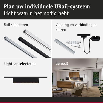 Modulair URail-systeem met zwarte en witte rails, verbindingsstukken en zwarte lightbar voor flexibele LED-verlichting