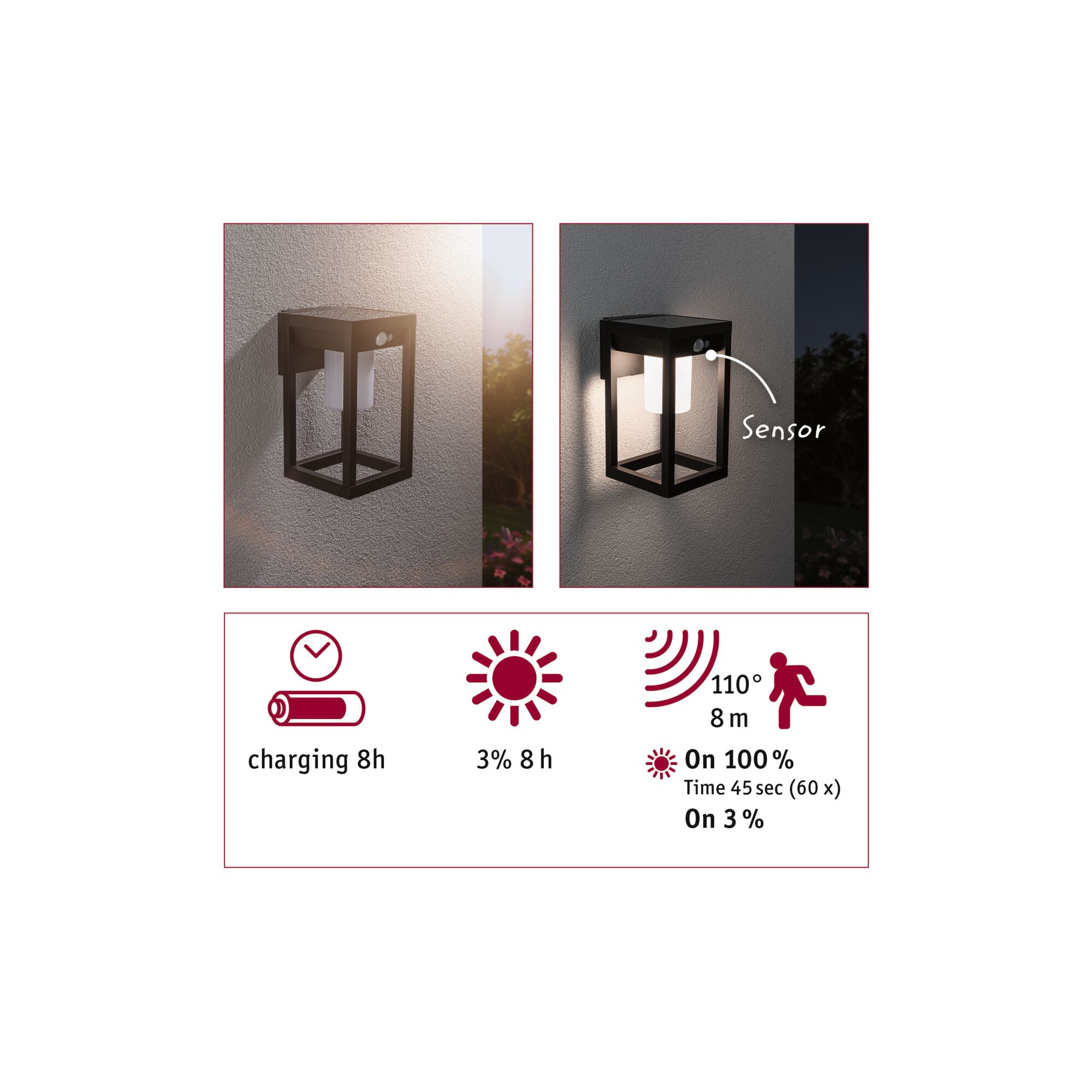 Applique murale solaire noire avec détecteur de mouvement et LED économique pour extérieur.