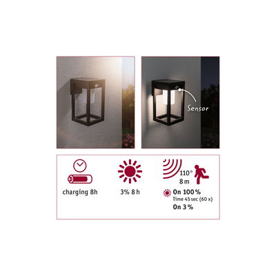 Black solar wall light with motion sensor and energy-saving LED for outdoor use.