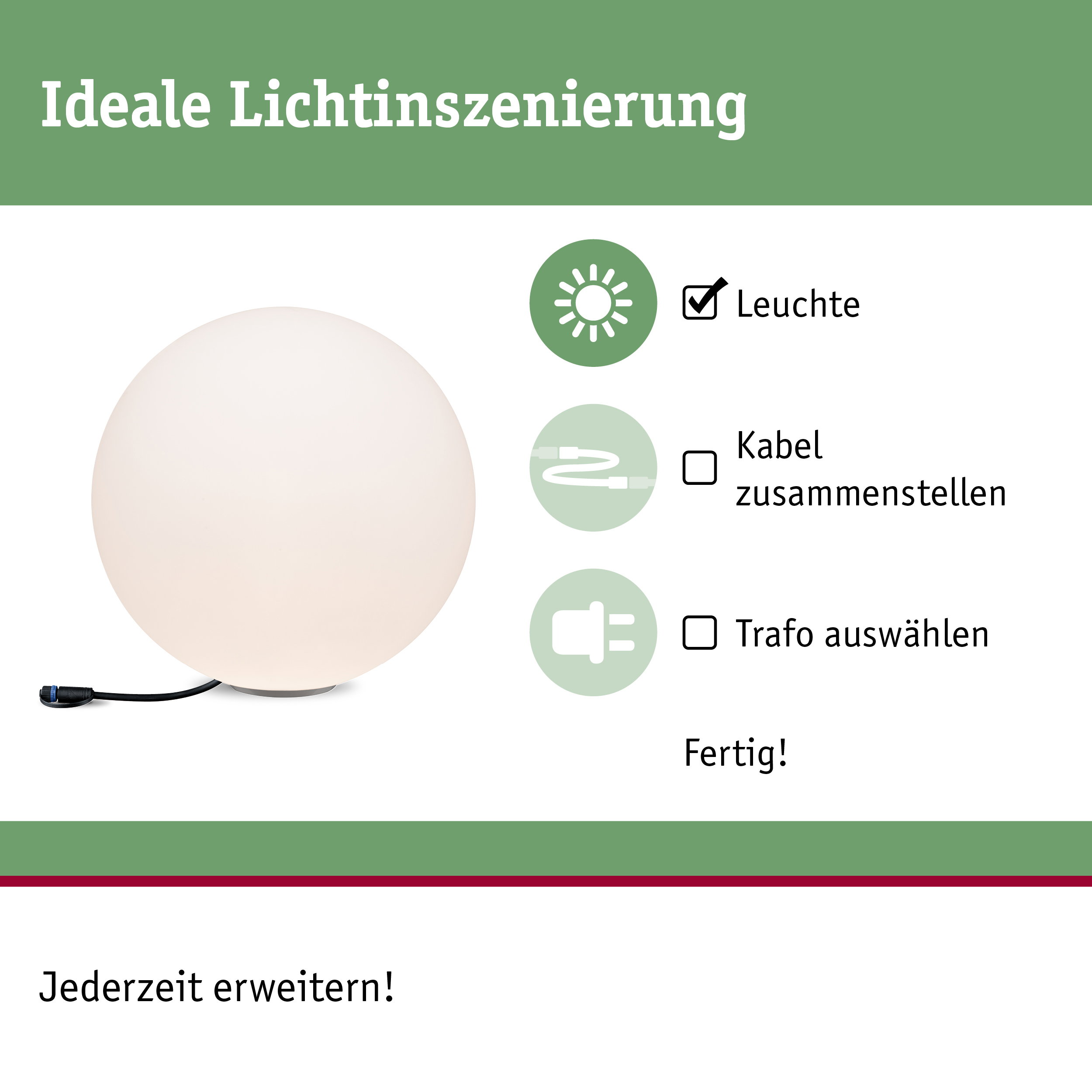 Weiße Kugelleuchte mit schwarzem Kabel für flexible Lichtinszenierung und einfache Erweiterung