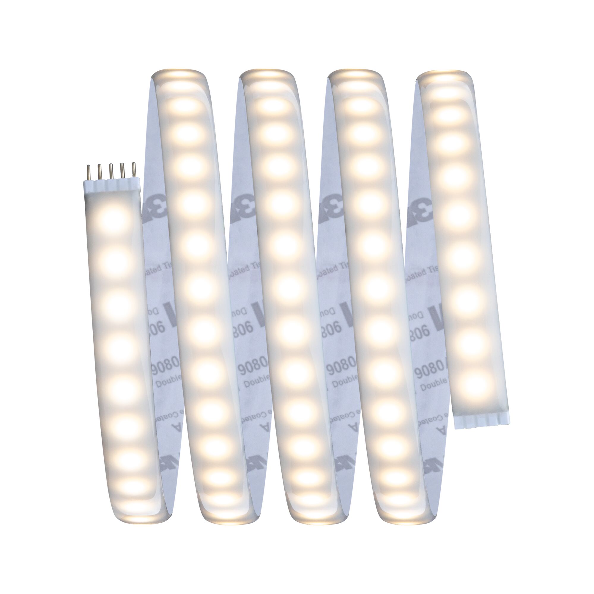 Flexibler LED-Lichtstreifen mit warmweißem Licht und selbstklebender Rückseite für vielseitige Beleuchtung.
