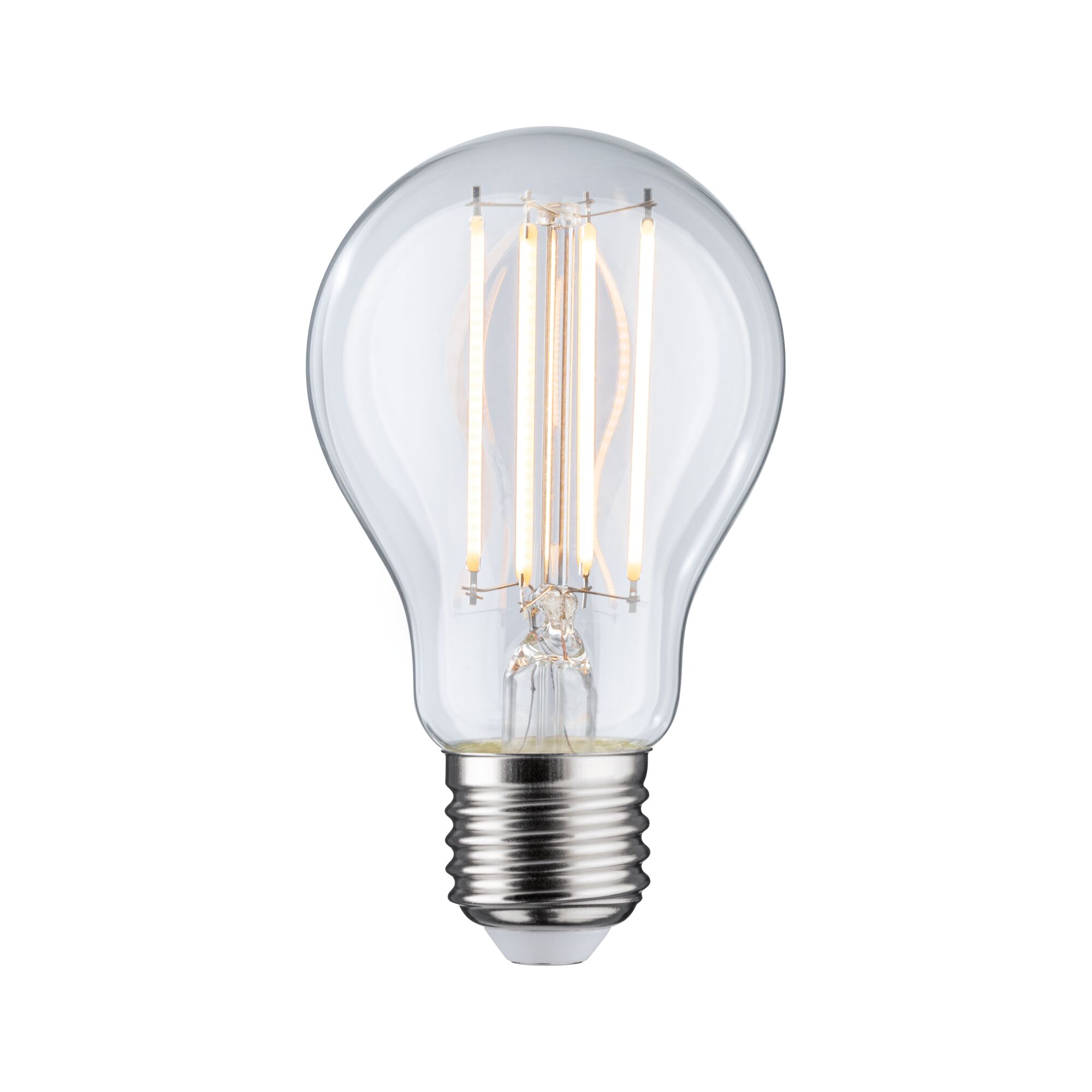 Klassische LED-Glühbirne mit transparentem Glas und silbernem Sockel für energiesparende Beleuchtung