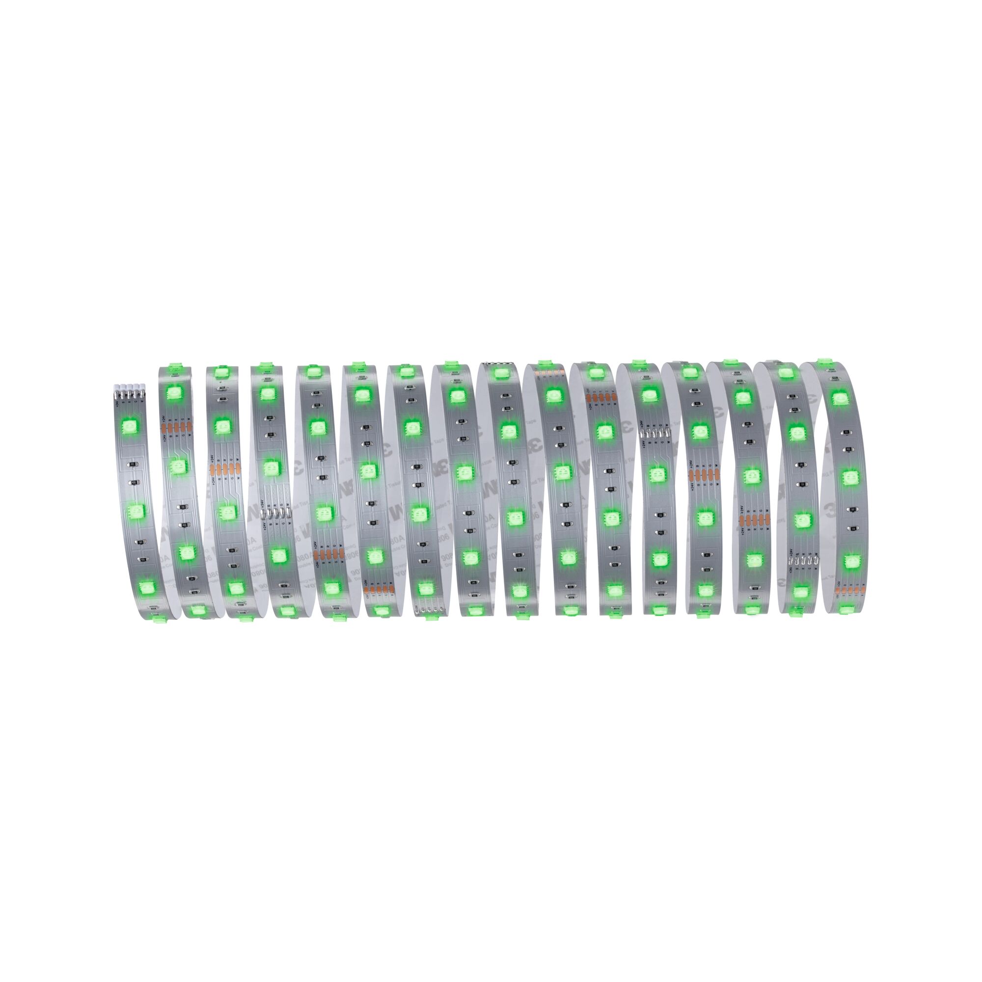 Flexible LED strip with green LEDs on silver board for modern lighting accents
