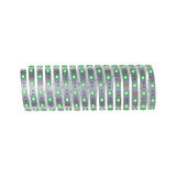 Flexible LED strip with green LEDs on silver board for modern lighting accents