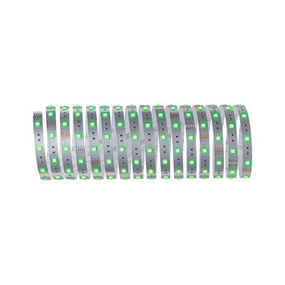 Flexible LED strip with green LEDs on silver board for modern lighting accents