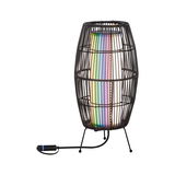 Modern table lamp with black metal frame and multicolor LED light for ambient lighting effects.