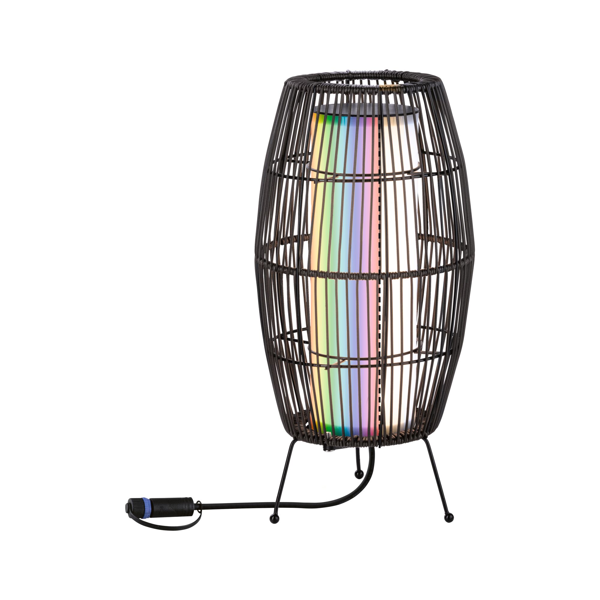 Moderne bordlampe med sort metalramme og flerfarvet LED-lys til stemningsbelysning.