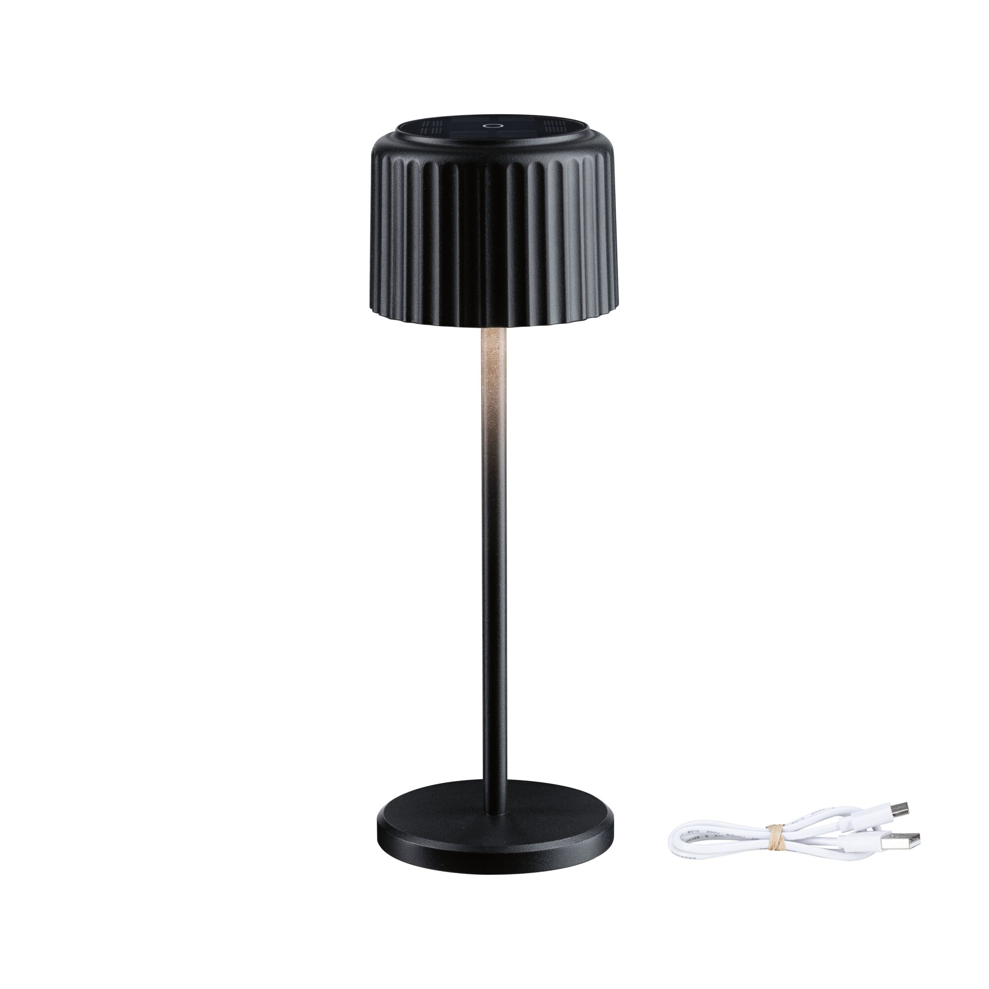 Black metal LED table lamp with ribbed shade and USB charging cable for modern lighting solutions