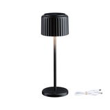 Black metal LED table lamp with ribbed shade and USB charging cable for modern lighting solutions