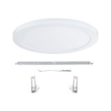 Round white LED ceiling panel with metal and plastic mounting accessories for modern lighting