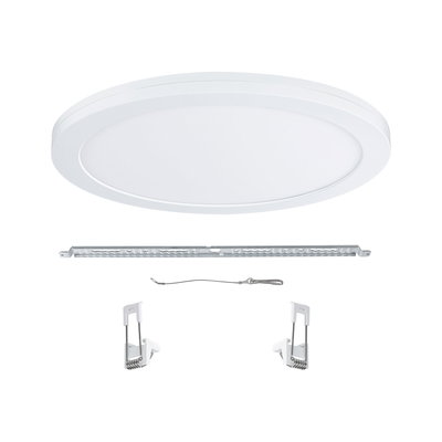 Round white LED ceiling panel with metal and plastic mounting accessories for modern lighting