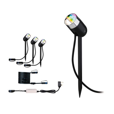 Set of three black LED garden spotlights with ground stakes and connection cable for outdoor lighting