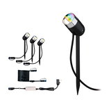 Set of three black LED garden spotlights with ground stakes and connection cable for outdoor lighting