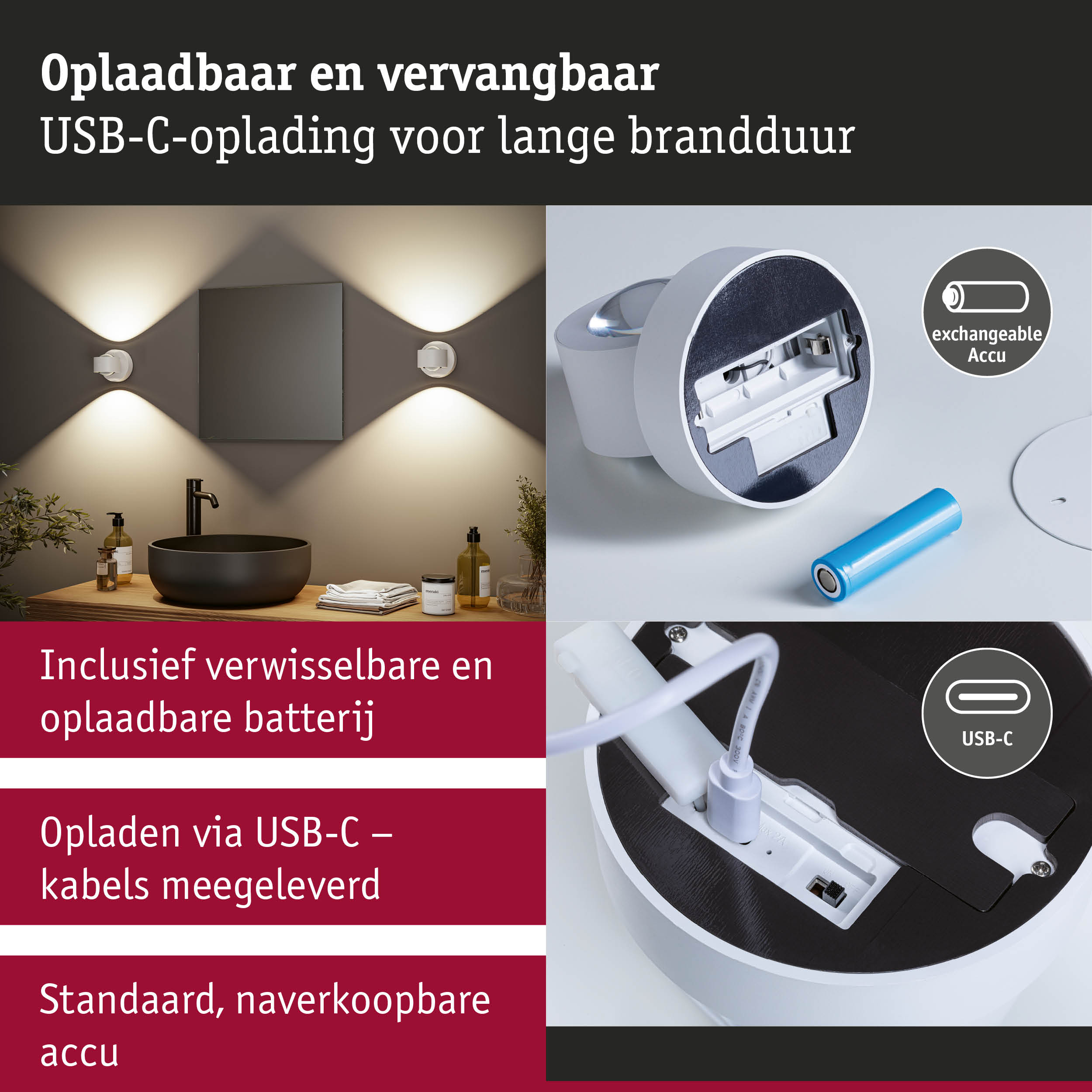Witte LED-wandlamp met USB-C-oplading en verwisselbare batterij voor langdurige verlichting