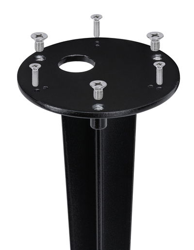 Zwart metalen beugel met zes zilveren schroeven, geschikt voor verlichting installatie.