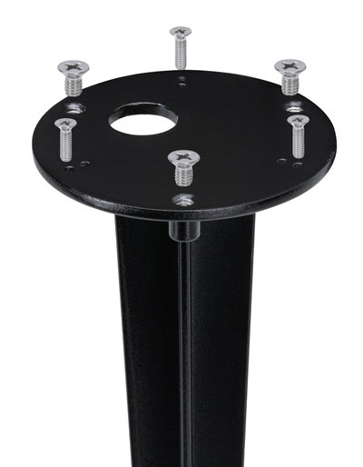 Schwarze Metallhalterung mit sechs silbernen Schrauben, geeignet für Beleuchtungsinstallation.