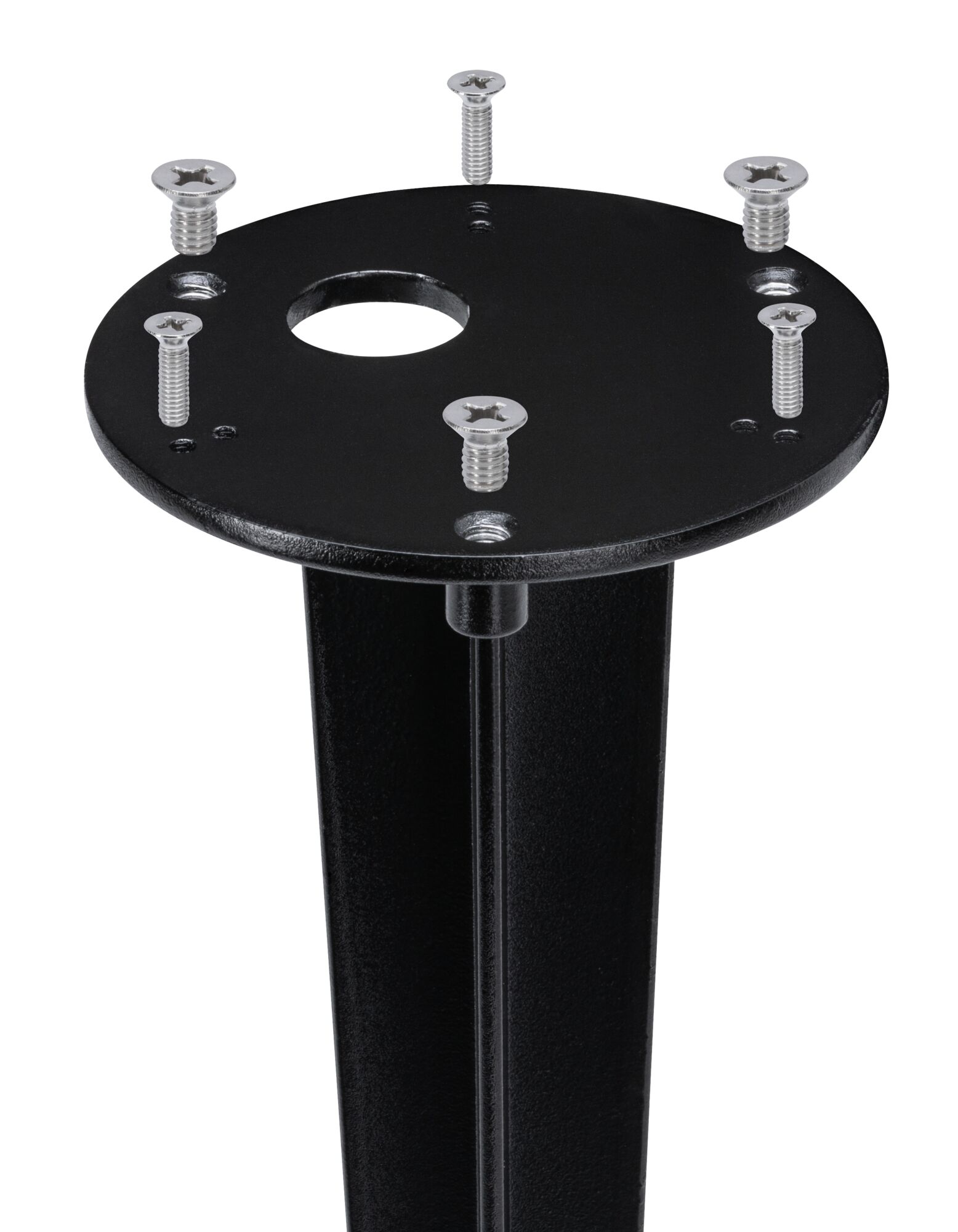Black metal bracket with six silver screws for mounting purposes