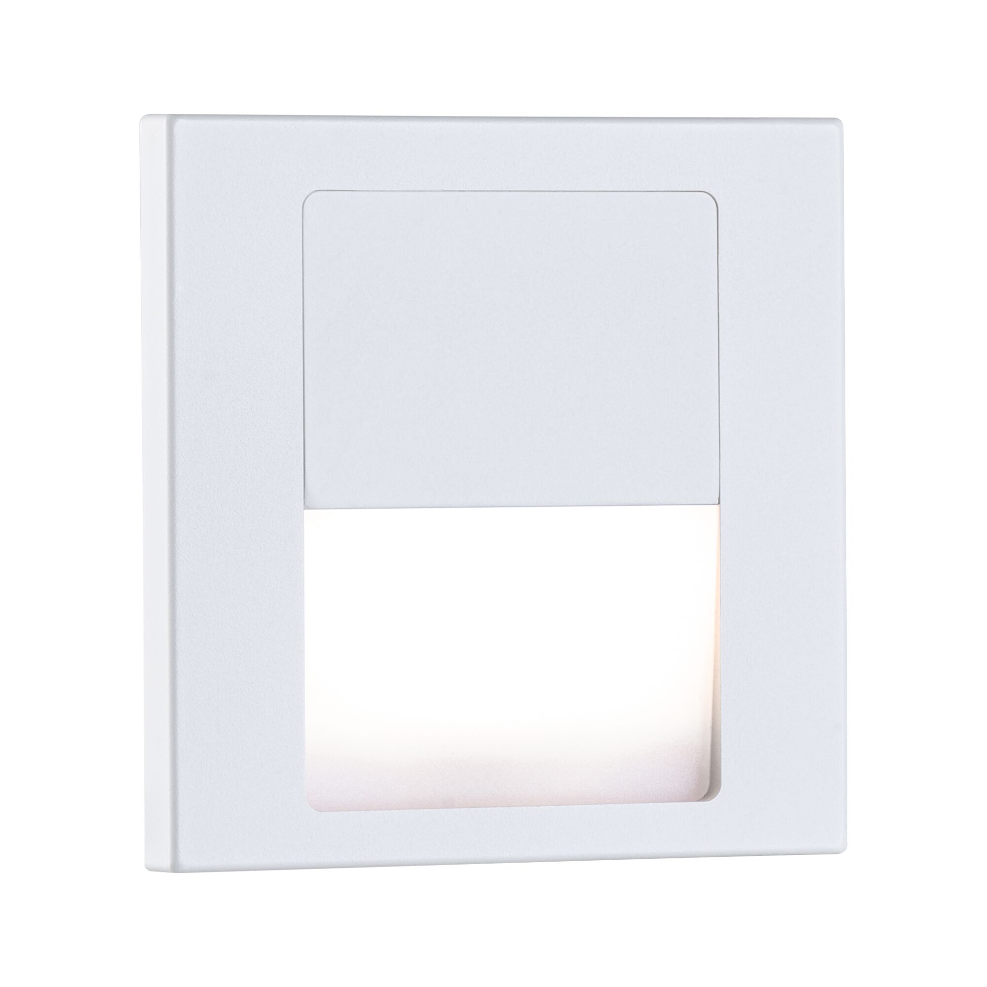 White square LED recessed wall light made of metal with warm white light for stairway illumination