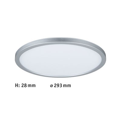 Flache runde LED-Deckenleuchte mit silbernem Aluminiumrahmen und weißem Diffusor, 293 mm Durchmesser.