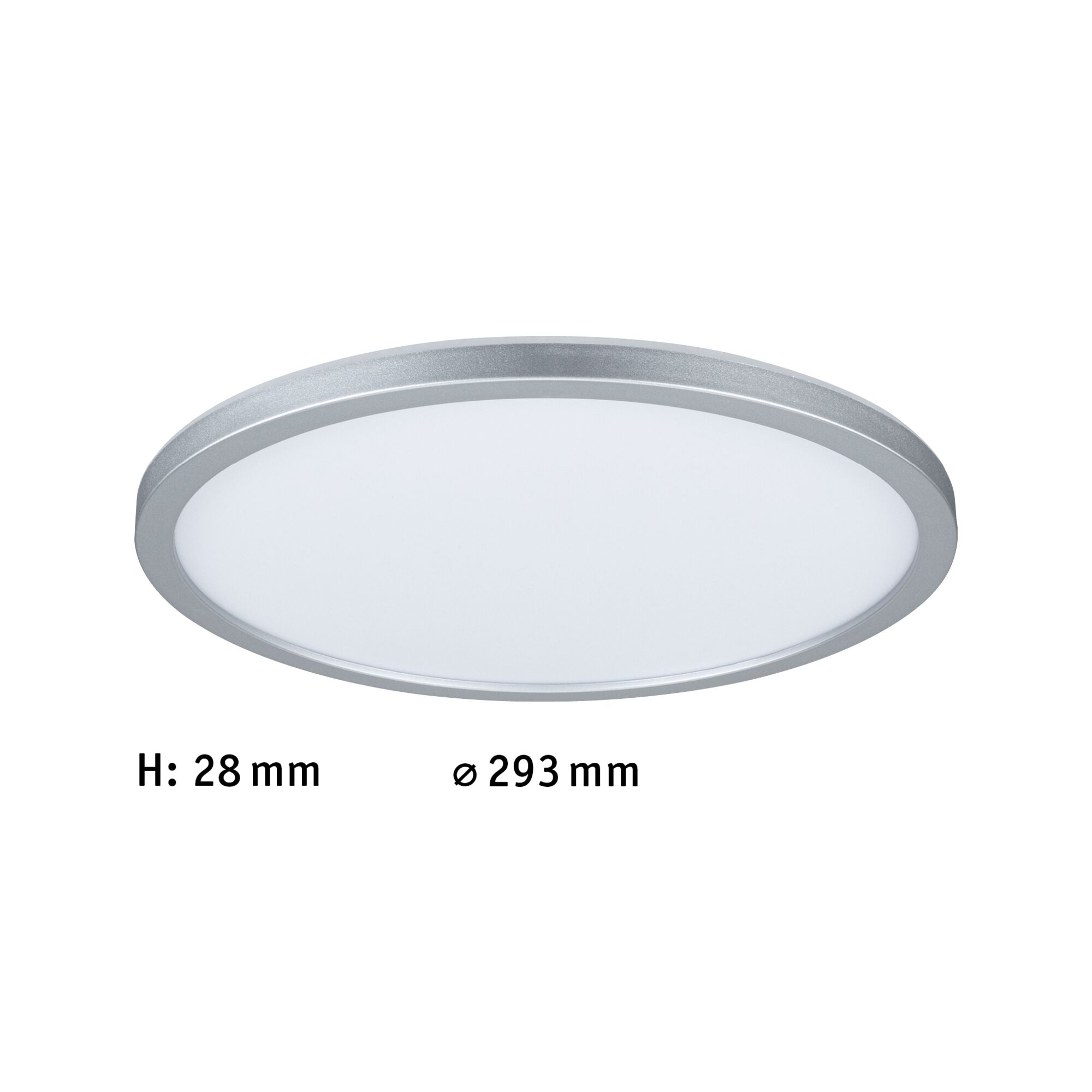 Flat round LED ceiling light with silver aluminum frame and white diffuser, 293 mm diameter.