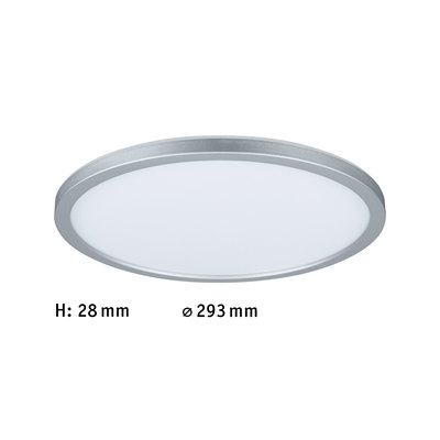 Plafonnier LED rond et plat avec cadre en aluminium argenté et diffuseur blanc, diamètre 293 mm.