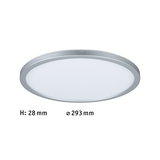 Plafonnier LED rond et plat avec cadre en aluminium argenté et diffuseur blanc, diamètre 293 mm.