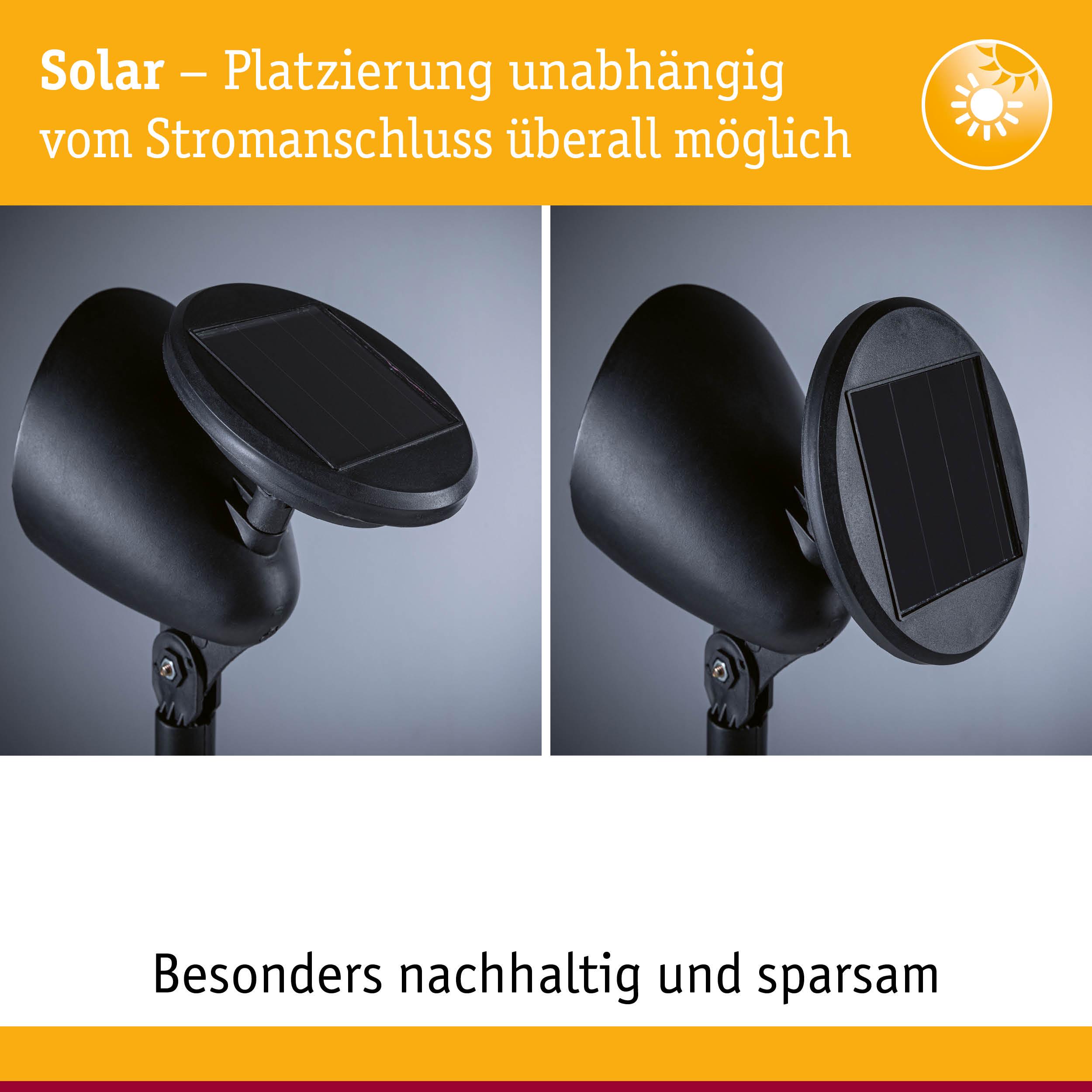 Schwarze Solarleuchte mit verstellbarem Kopf aus Kunststoff, unabhängig vom Stromanschluss platzierbar
