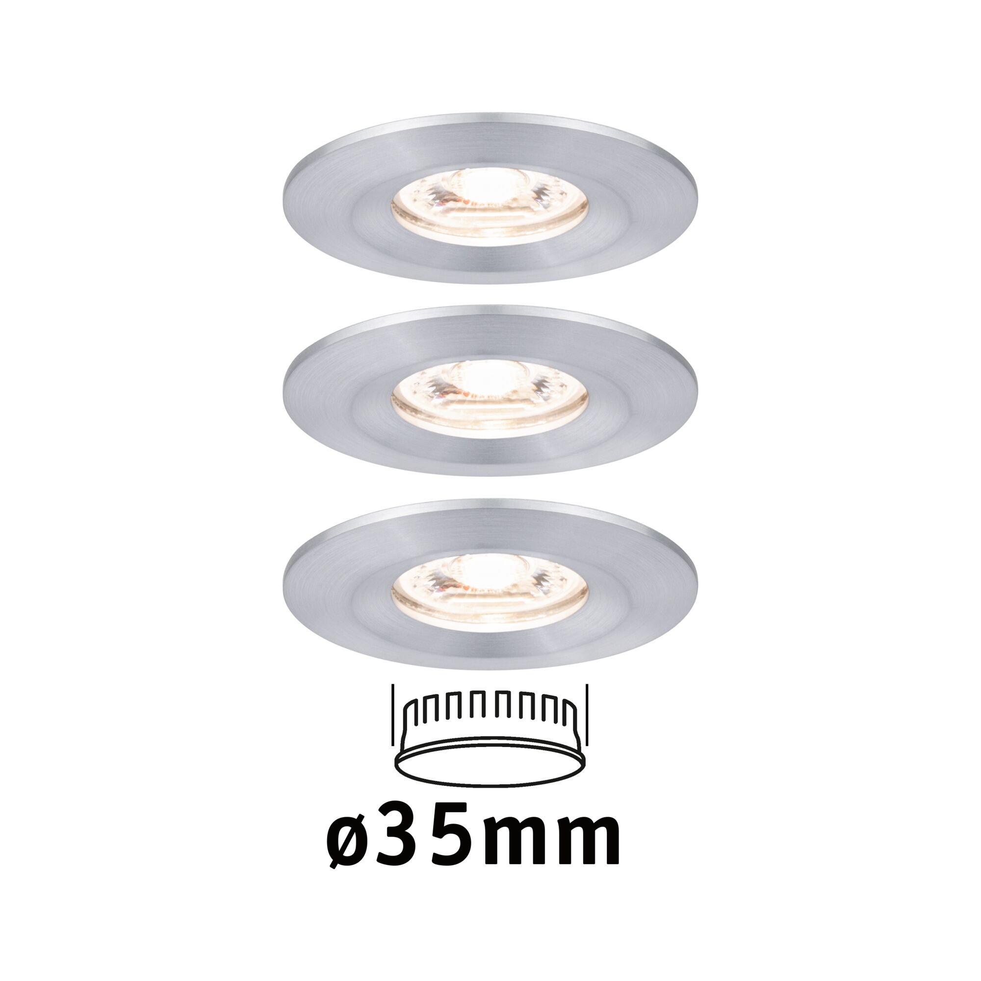 Drei runde Einbaustrahler aus gebürstetem Aluminium in Silber mit 35 mm Durchmesser