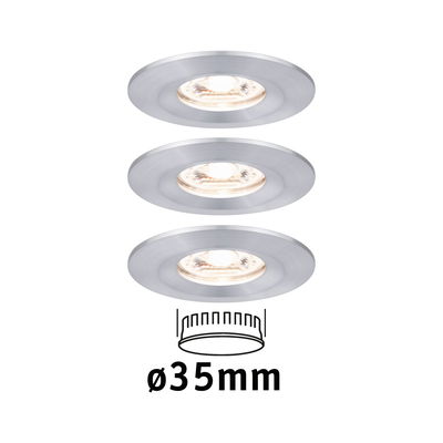 Drei runde Einbaustrahler aus gebürstetem Aluminium in Silber mit 35 mm Durchmesser