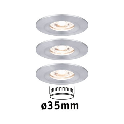 Tre runde indbygningsspots i børstet sølvfarvet aluminium med 35 mm diameter