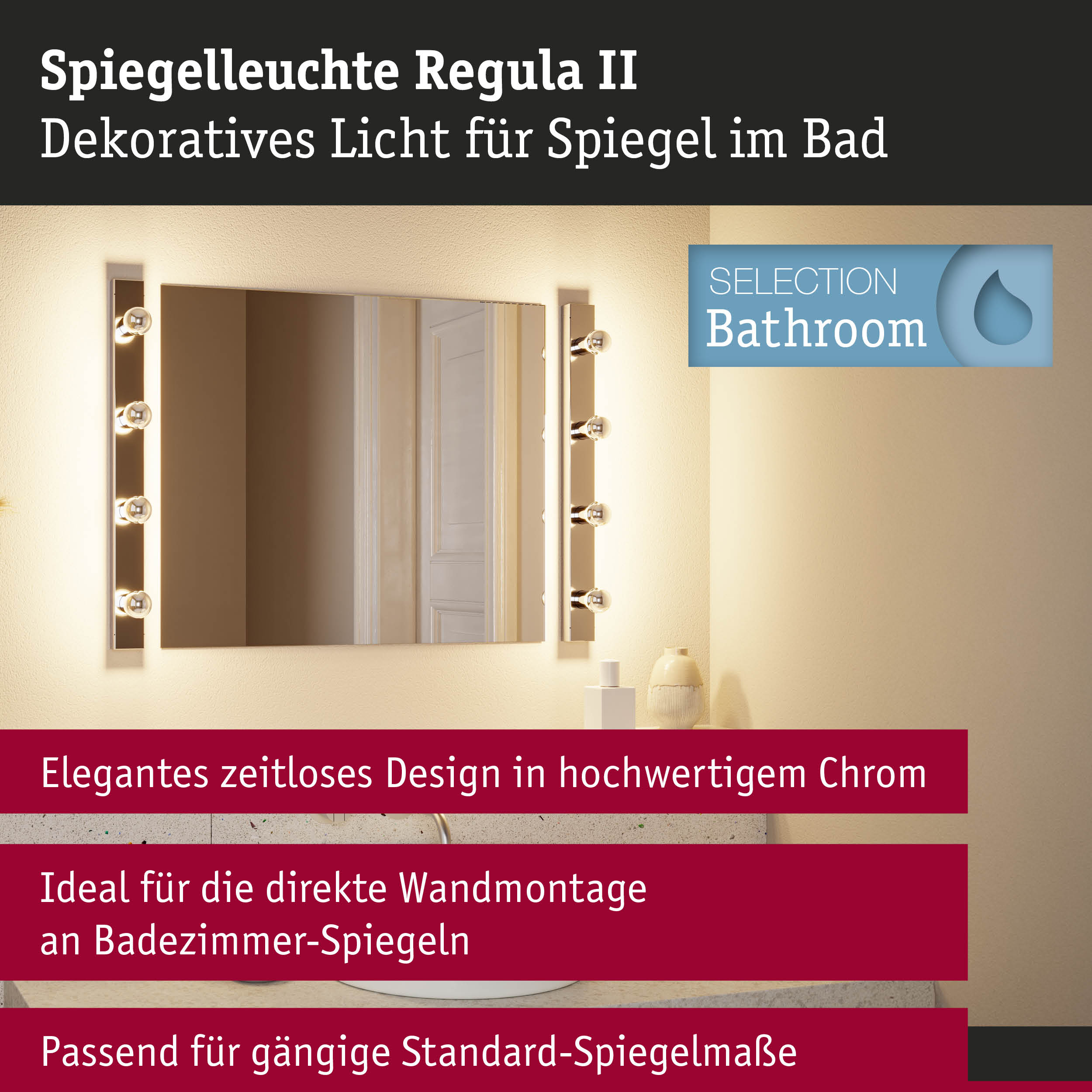 Set Spiegelleuchte Regula II inkl. Leuchtmittel 4-flammig IP44 E14 2700K 4x440lm 230V 4x4,8W dimmbar Chrom/Kopfspiegel Silber