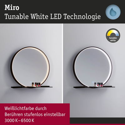 Runder Miro LED-Spiegel mit einstellbarer weißer Lichtfarbe von 3000K bis 6500K und schwarzem Regal