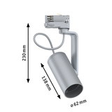 Gray metal LED spotlight with 230 mm height and 62 mm diameter for track lighting systems