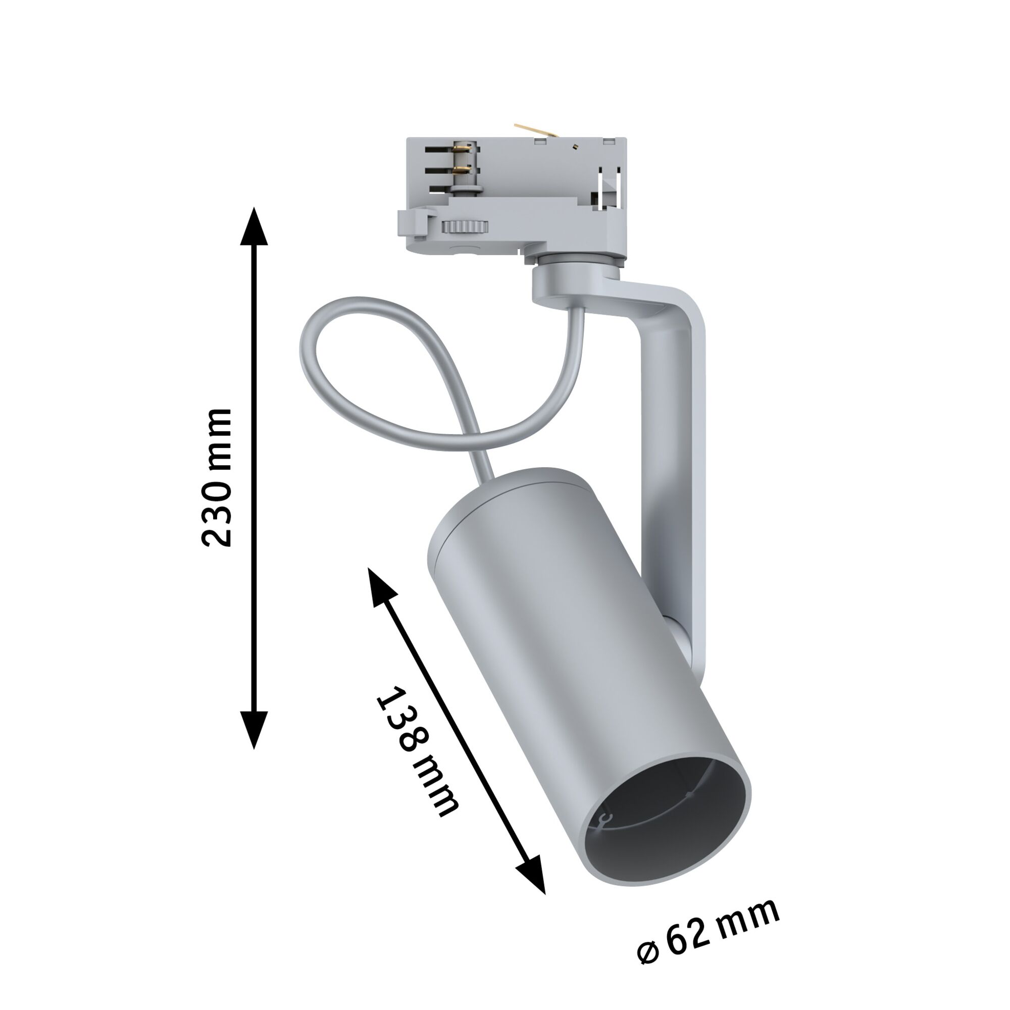 Grauer LED-Strahler mit 230 mm Höhe und 62 mm Durchmesser, moderner Spot für Innenbeleuchtung