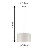 Pendant lamp with white fabric shade and stainless steel mount, 110 cm length, 45 cm diameter