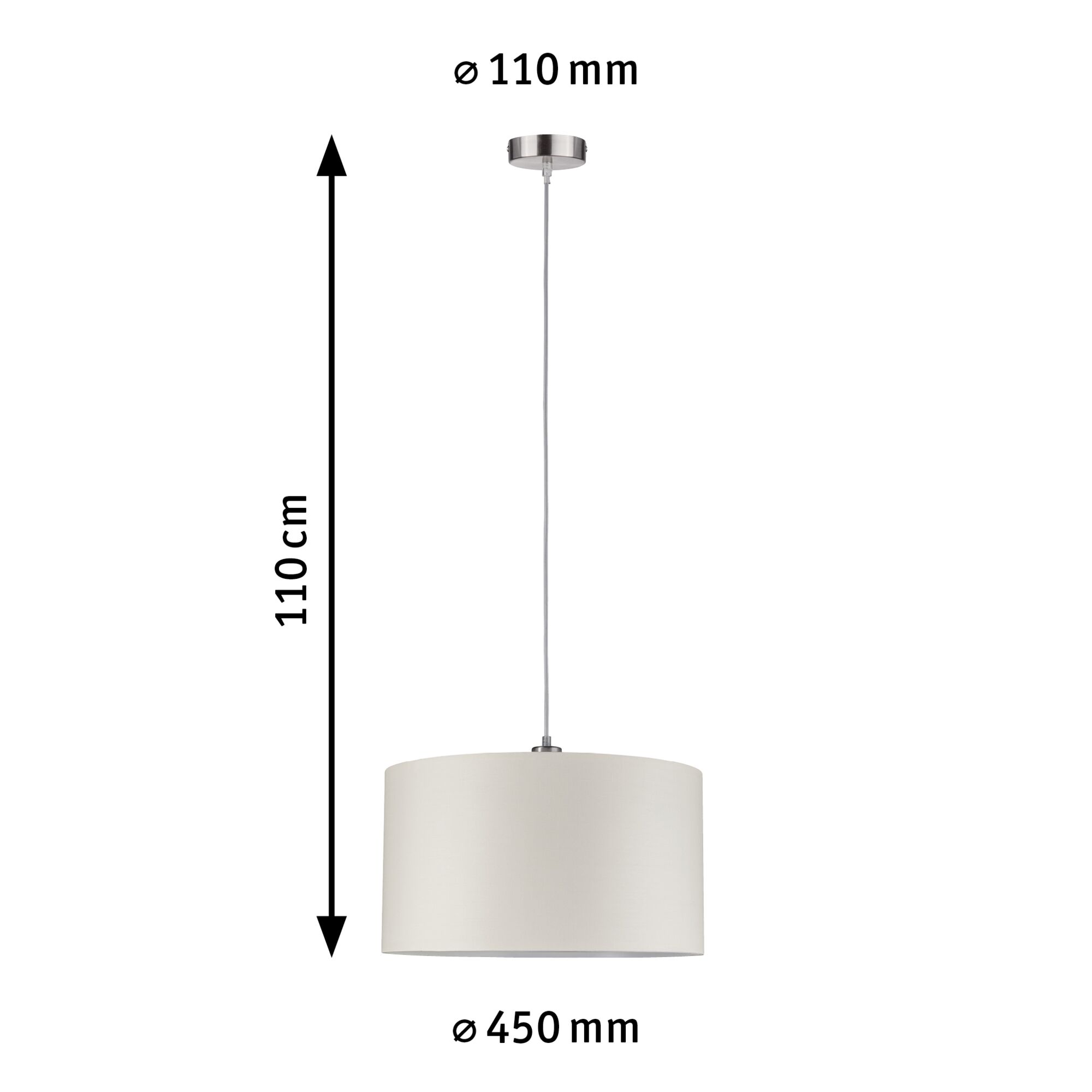 Suspension avec abat-jour en tissu blanc et support en acier inoxydable, longueur 110 cm, diamètre 45 cm