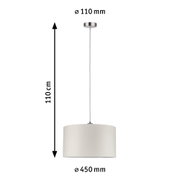 Suspension avec abat-jour en tissu blanc et support en acier inoxydable, longueur 110 cm, diamètre 45 cm