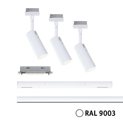 Modulair wit LED-railsysteem met drie verstelbare spots in RAL 9003 voor veelzijdige verlichting