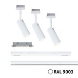 Système d'éclairage sur rail LED blanc modulaire avec trois spots réglables en RAL 9003 pour éclairage flexible
