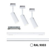 Modulært hvidt LED-skinne belysningssystem med tre justerbare spotlights i RAL 9003 til alsidig belysning