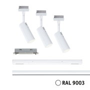 Three white metal LED spotlights in RAL 9003 for modern track lighting systems