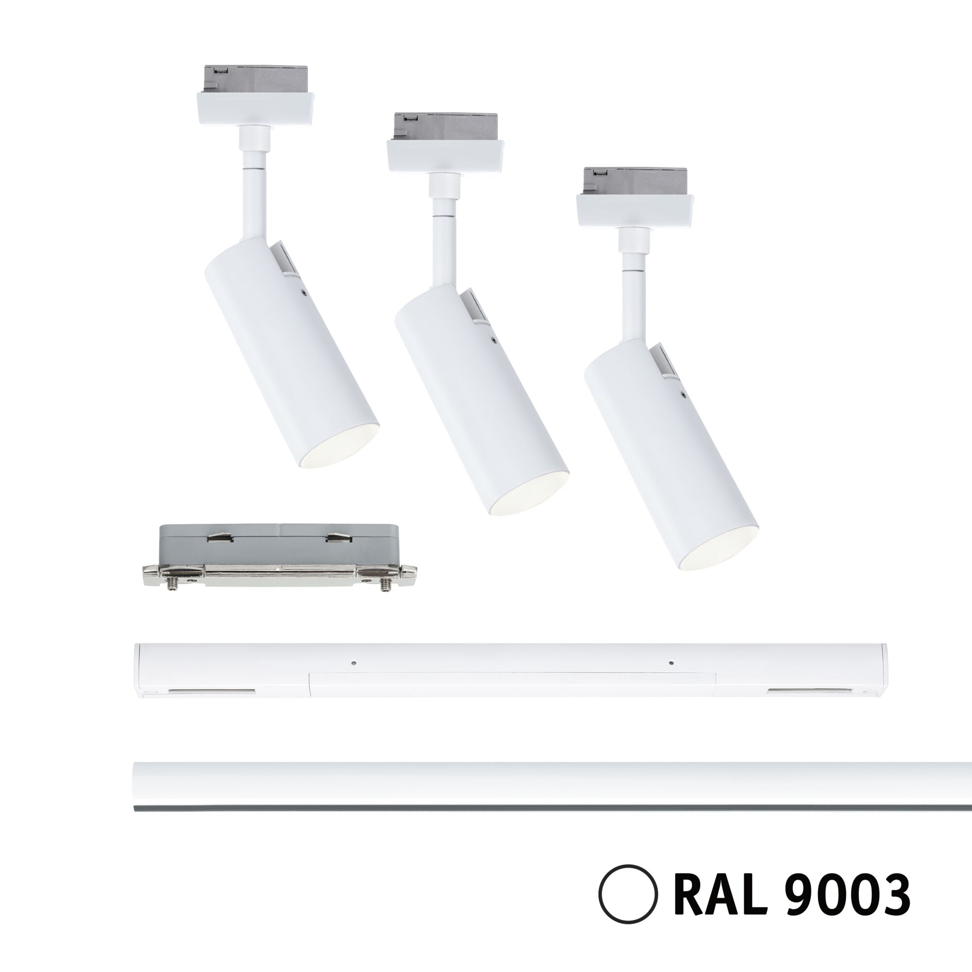 Trois spots LED métalliques blancs RAL 9003 pour systèmes d'éclairage sur rail modernes
