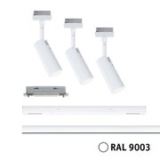 Trois spots LED métalliques blancs RAL 9003 pour systèmes d'éclairage sur rail modernes