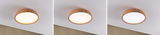 Dreiteiliges Bild einer runden Deckenleuchte aus Holz mit variabler Lichtfarbe und weißem Diffusor