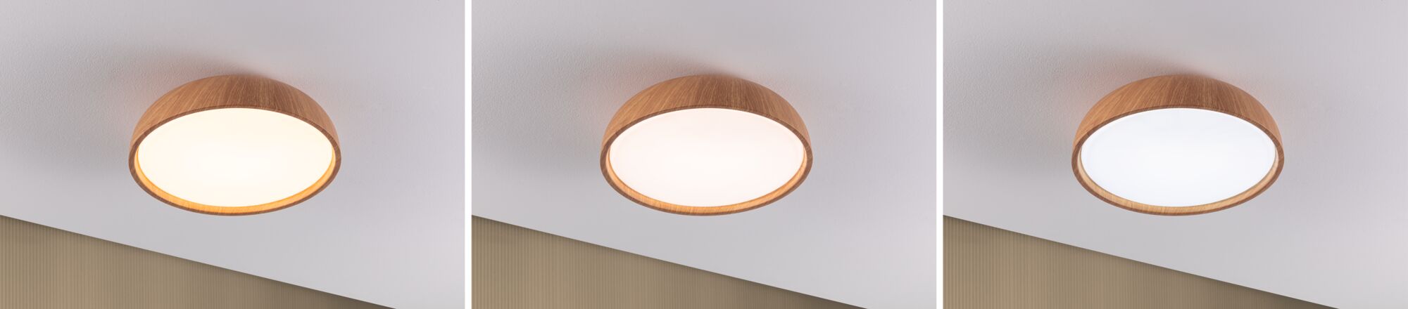 Triptych of round wooden ceiling light with adjustable color temperature and white diffuser