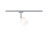 Moderner Schienenspot mit weißem Glas und silbernem Metall für flexible LED-Beleuchtung