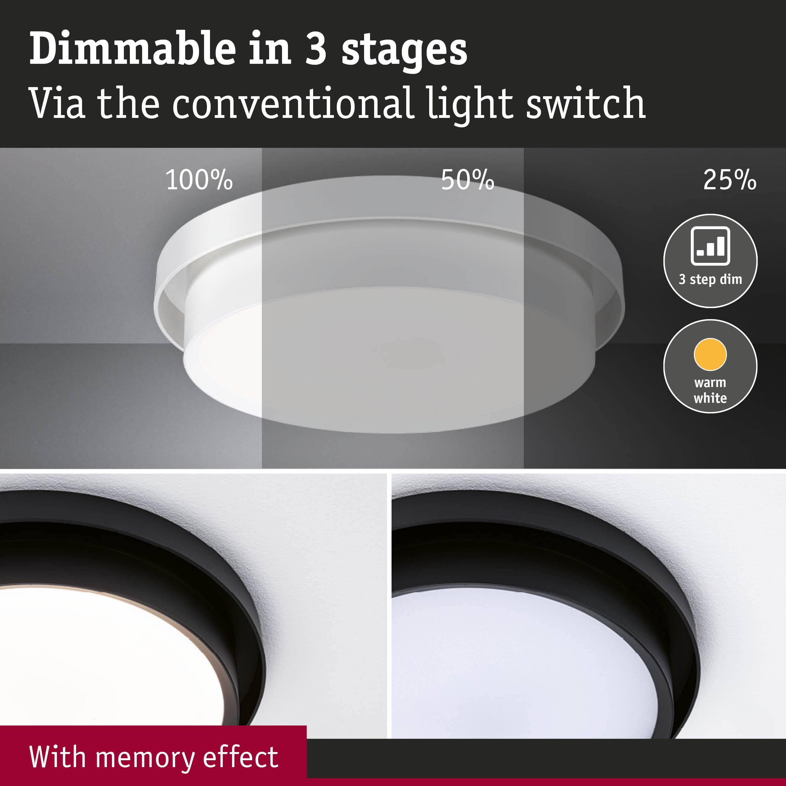 Dimmable LED ceiling light in white and black with three brightness levels and memory effect