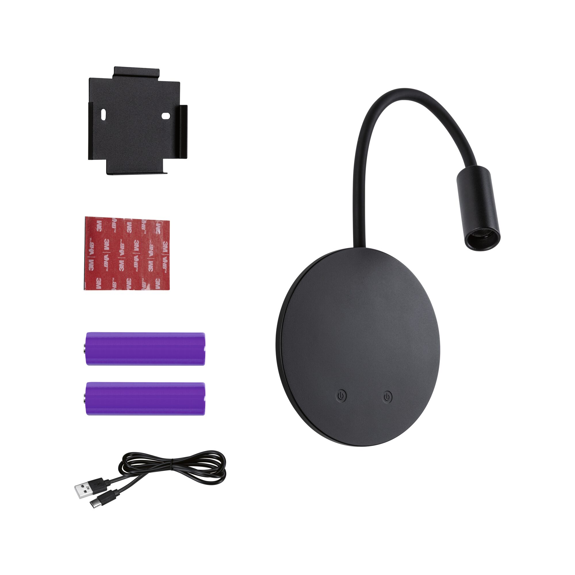 Black LED reading lamp with flexible arm, two purple batteries, USB cable and mounting accessories